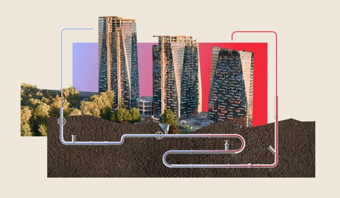 Photo illustration of the Sen̓áḵw towers in downtown Vancouver rising above an underground cross-section of pipes representing the development's sewage heat-recovery system.