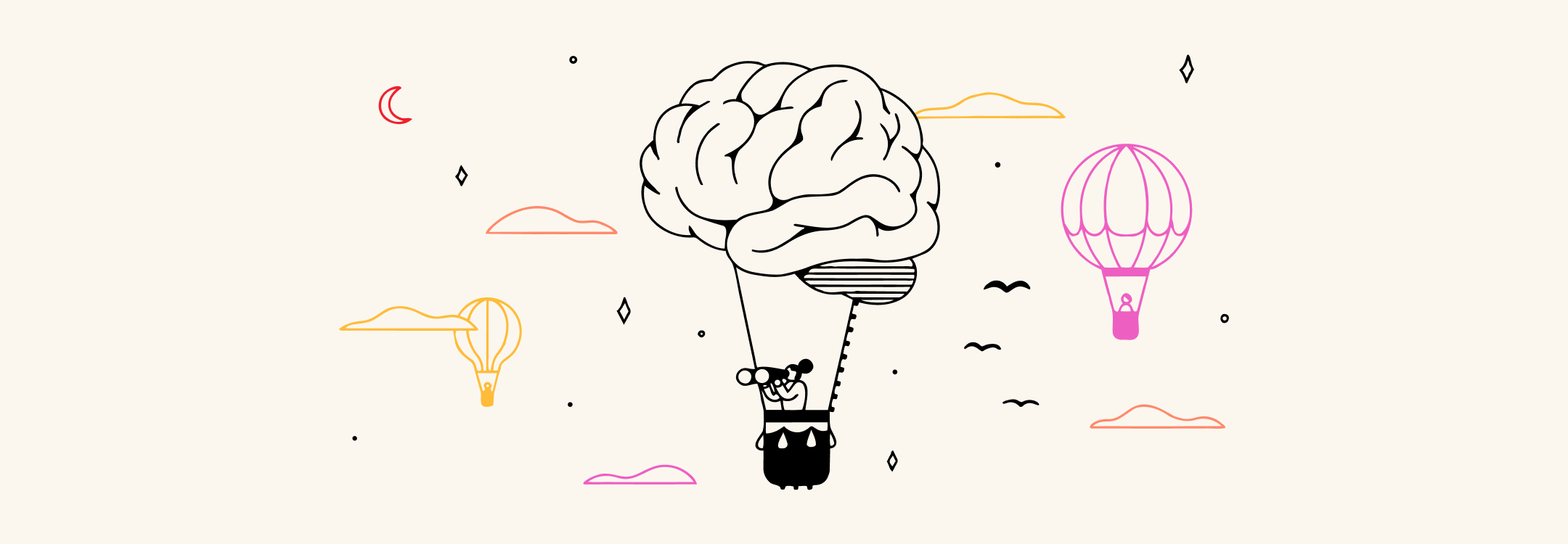 Be Giant - Brain Gains series illustration depicting a brain-shaped hot air balloon