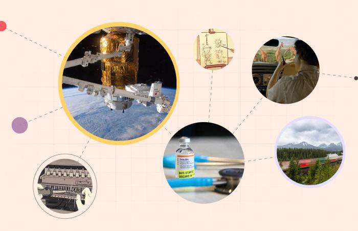 Canadarm, Braille machine, insulin, Canadian Railway, Anne Innis Dagg featured in a photo illustration