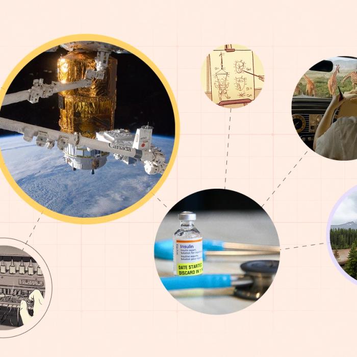 Canadarm, Braille machine, insulin, Canadian Railway, Anne Innis Dagg featured in a photo illustration