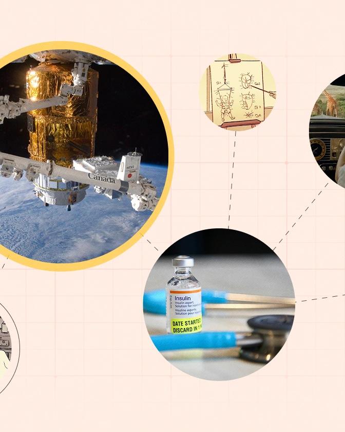 Canadarm, Braille machine, insulin, Canadian Railway, Anne Innis Dagg featured in a photo illustration