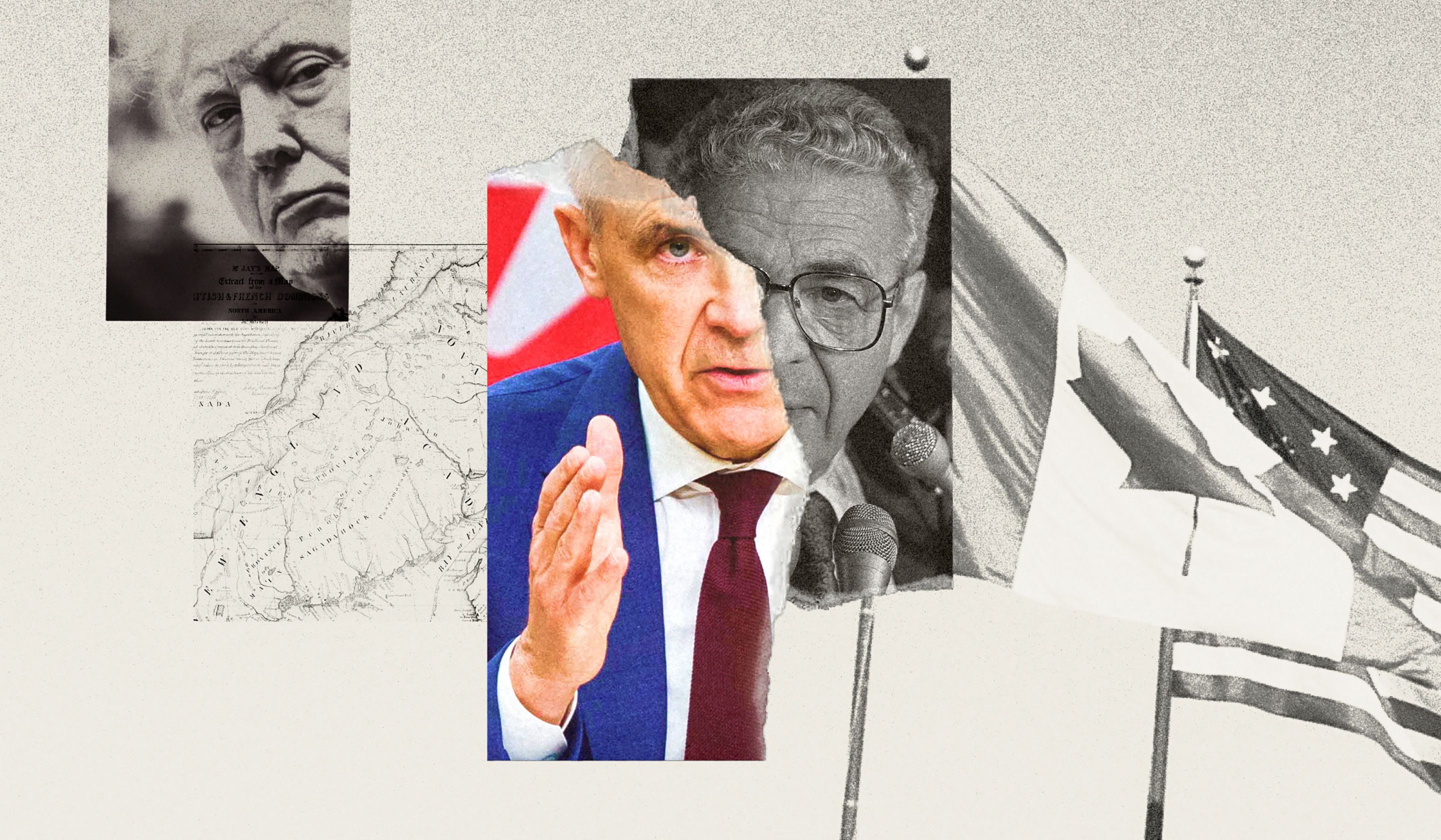 A collage-style photo illustration showing Donald Trump, Mark Carney and Simon Reisman. Canadian flag and a U.S. flag are in the corner. 