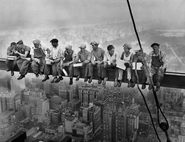 Construction workers taking their lunch on an I-beam during the construction of Rockefeller Plaza in New York. Canada stopped making its own steel wide-flange beams in 1999.
