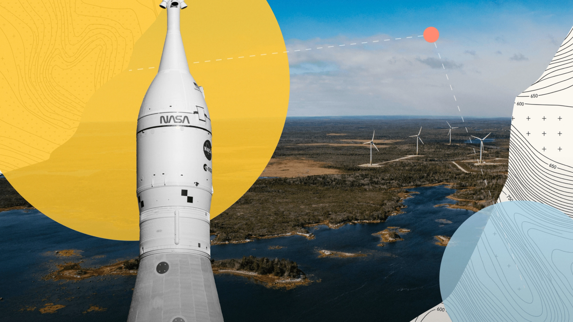Composite image featuring a NASA rocket on the left and a wind farm over a body of water on the right, with abstract graphic overlays.