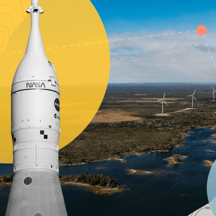 Composite image featuring a NASA rocket on the left and a wind farm over a body of water on the right, with abstract graphic overlays.