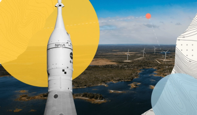 Composite image featuring a NASA rocket on the left and a wind farm over a body of water on the right, with abstract graphic overlays.