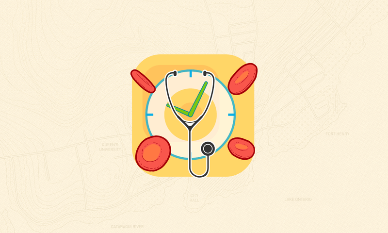 An orange square containing an illustrated clock, stethoscope and red blood cells. Kingston, Ont. map in the foreground
