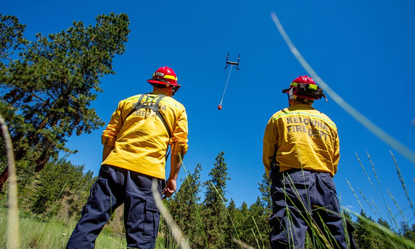 While FireSwarm uses “ultra” heavy-lift drones, it’s not a drone company: FireSwarm’s invention is the drone software – an AI-driven operating system that pulls in real-time data about weather, fire perimeters and other details that lets drones pickup water and battle wildfires around the clock.