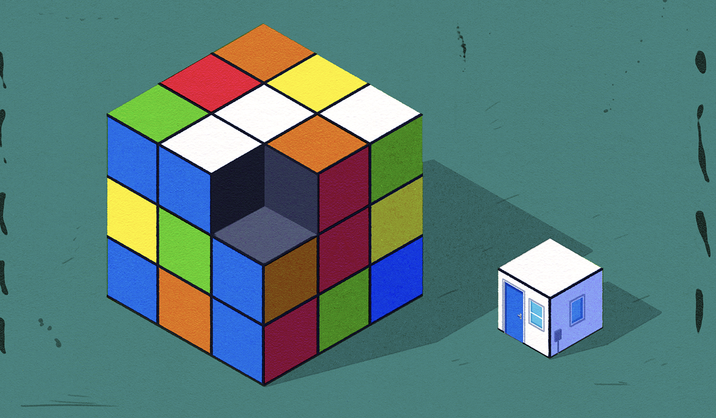 An illustration of a Rubik's cube that is missing one of its cube; the white cube — which is now a tiny house, with a small blue front door and two windows — sits beside it on a teal background