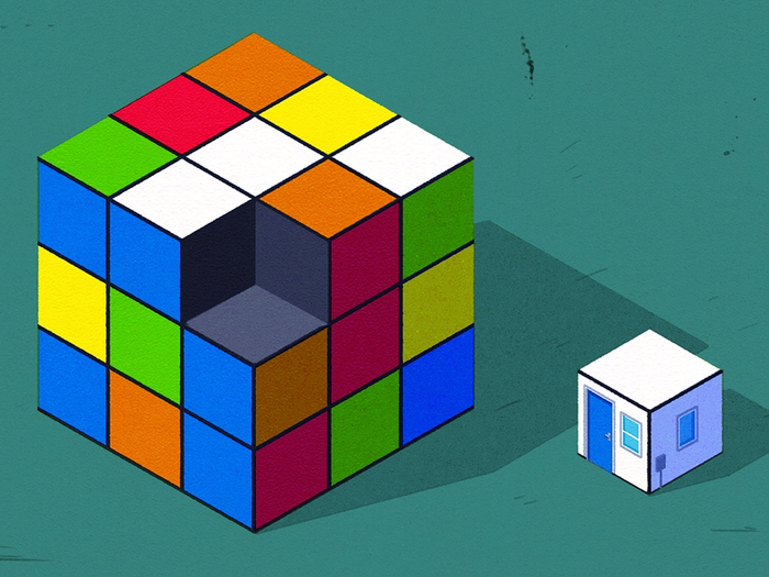 An illustration of a Rubik's cube that is missing one of its cube; the white cube — which is now a tiny house, with a small blue front door and two windows — sits beside it on a teal background