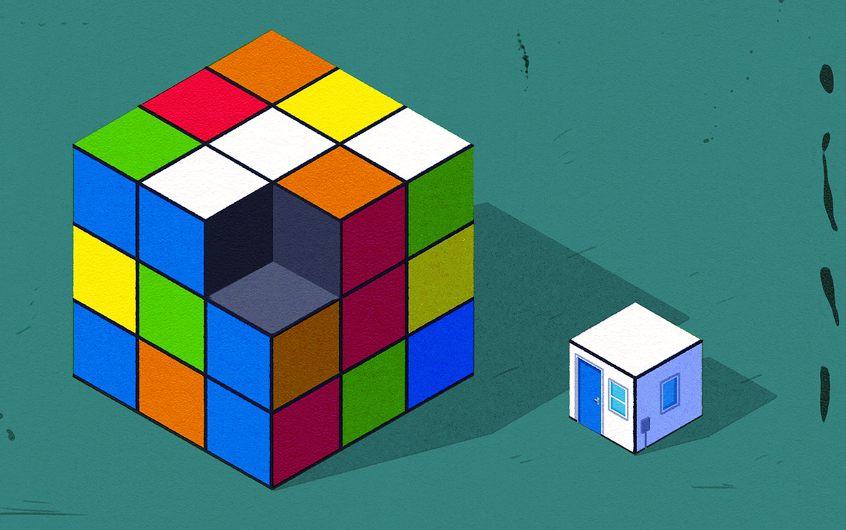 An illustration of a Rubik's cube that is missing one of its cube; the white cube — which is now a tiny house, with a small blue front door and two windows — sits beside it on a teal background