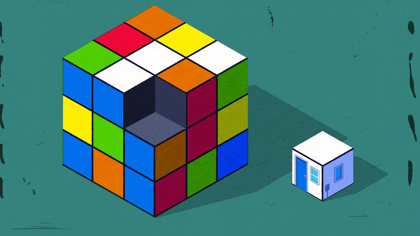An illustration of a Rubik's cube that is missing one of its cube; the white cube — which is now a tiny house, with a small blue front door and two windows — sits beside it on a teal background