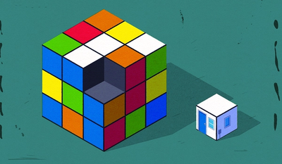An illustration of a Rubik's cube that is missing one of its cube; the white cube — which is now a tiny house, with a small blue front door and two windows — sits beside it on a teal background