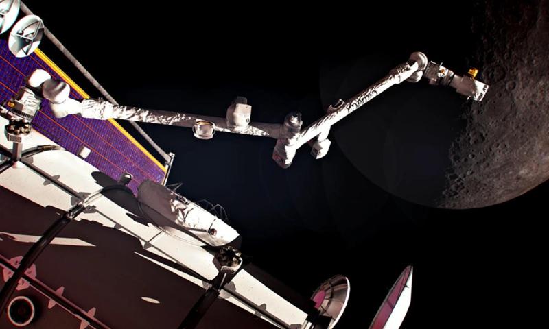 Computer-generated imagery of Canadarm3, Canada's robotic system, located on the exterior of Gateway, a small space station in orbit around the Moon.