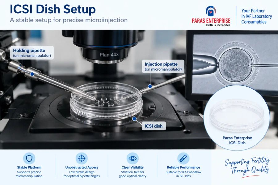 ICSI dish setup under a microscope with holding and injection pipettes, showing the Paras Enterprise 50 mm low-profile ICSI dish and its flat-bottom design