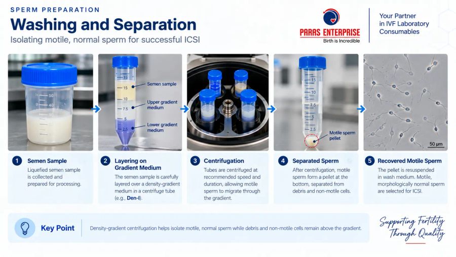 Sperm preparation using density-gradient centrifugation to isolate motile sperm for ICSI