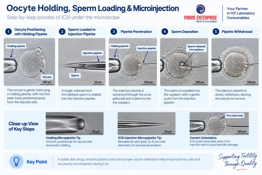 Oocyte holding, sperm loading and microinjection during ICSI