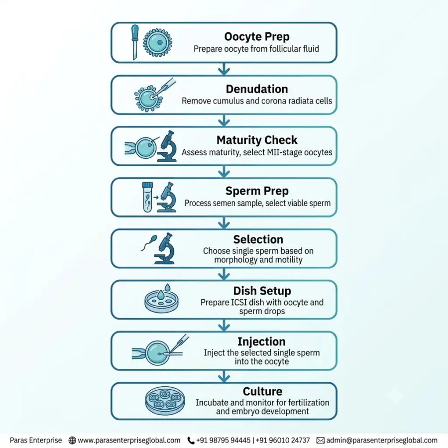 ICSI procedure step-by-step laboratory workflow diagram