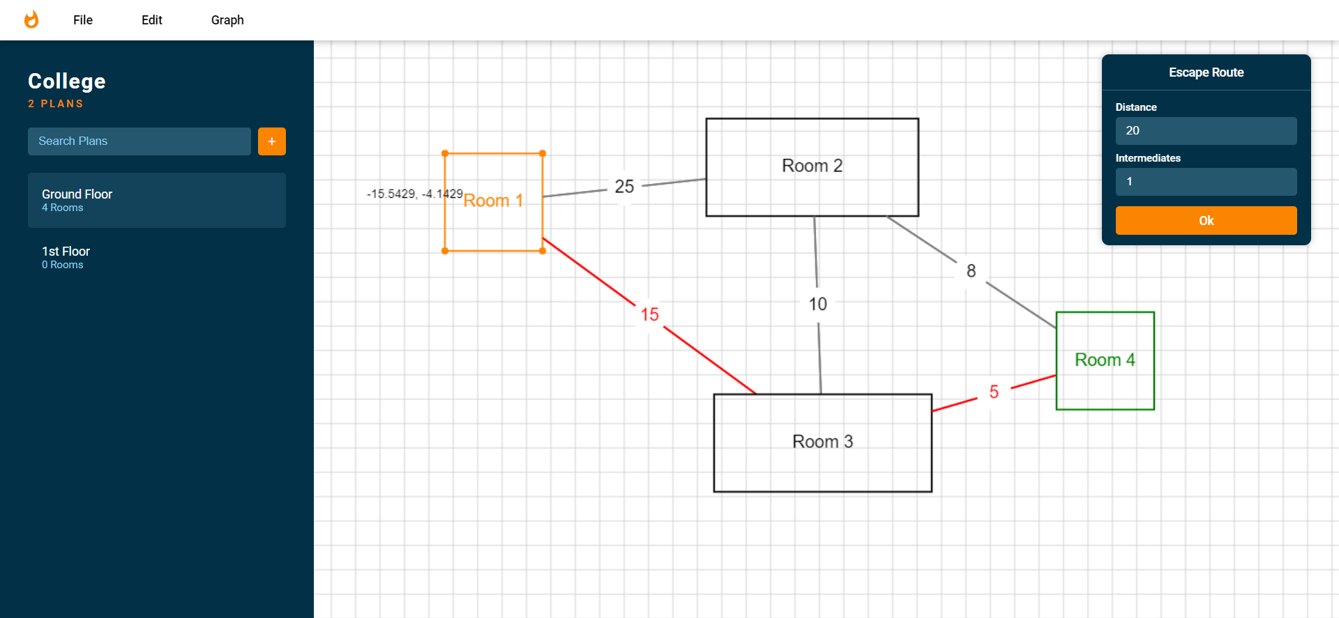 The shortest path from any room is shown in red.