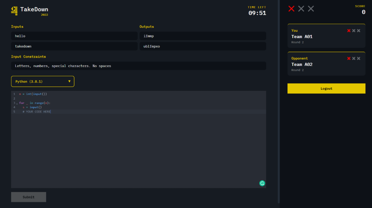 Left: Problem and coding area. Right: Player and opponent details. Top: Time left