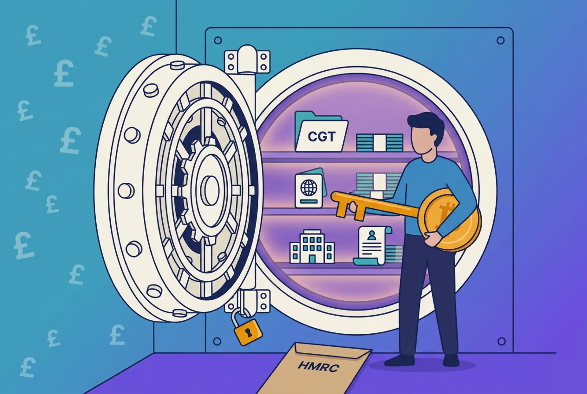 Narrative flat-vector illustration for a UK accountancy-firm article on why crypto clients matter: an accountant turns an oversized gold key in a bank-vault door that swings open to reveal illuminated shelves holding a CGT folder, a residency stamp, a corporate-structure icon and a document bundle, with a small open privacy padlock on the door hinge and a plain text-only HMRC envelope on the threshold, on Recap's house teal-to-violet gradient with a faint pound-sterling glyph pattern.
