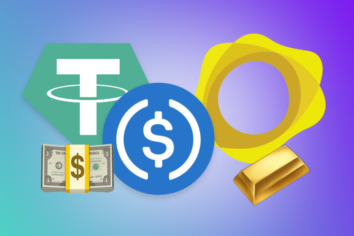 Stablecoin icons Tether, USDC and PAX alongside USD and a gold bar. Recap stablecoin tax article.