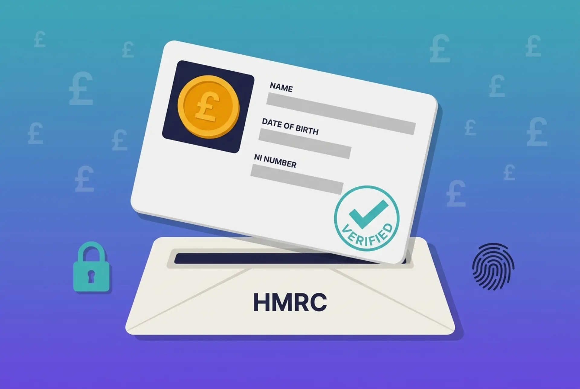 Editorial still-life flat-vector illustration for a UK crypto exchange ID/CARF explainer: an oversized self-certification ID card with a gold coin as the photo, a green VERIFIED tick, and blank NAME/DATE OF BIRTH/NI NUMBER fields is posted halfway into a plain text-only HMRC envelope, flanked by a padlock and fingerprint icon, on Recap's house teal-to-violet gradient with a faint pound-sterling glyph pattern.