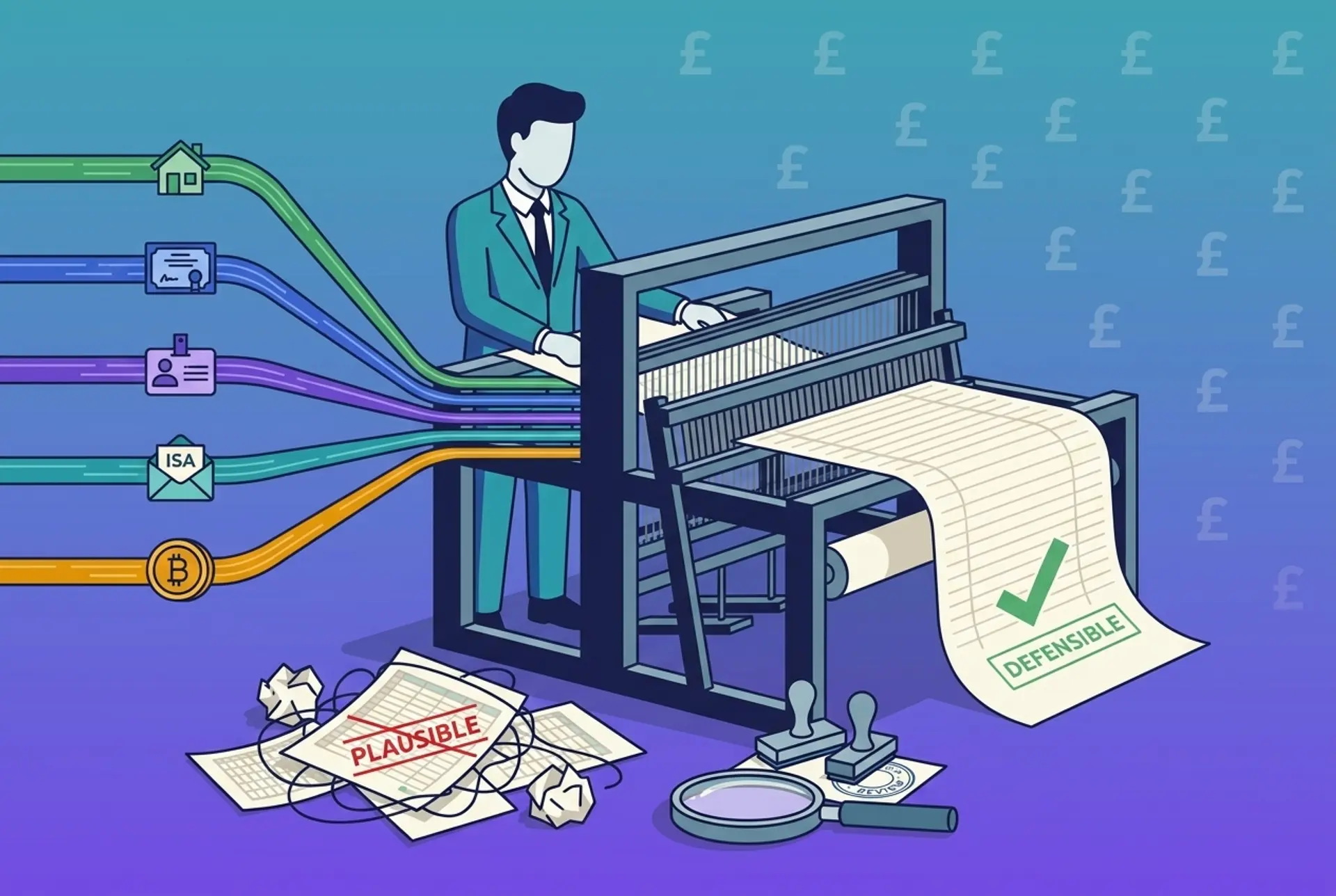 Narrative flat-vector illustration for a UK capital gains tax complexity article: an adviser weaves five coloured threads — property, shares, employee share schemes, an ISA and crypto — on a loom into one unified ledger sheet stamped DEFENSIBLE, beside a discarded tangle of crossed-out PLAUSIBLE spreadsheets, review stamps and a magnifying glass, on Recap's house teal-to-violet gradient with a faint pound-sterling glyph pattern.