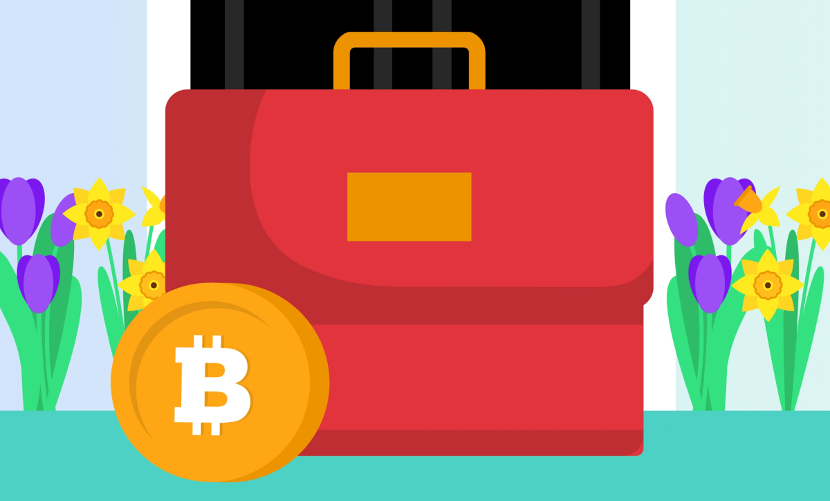 Illustration of a Bitcoin and the UK chancellor's red briefcase, in front of a black door surrounded by spring flowers