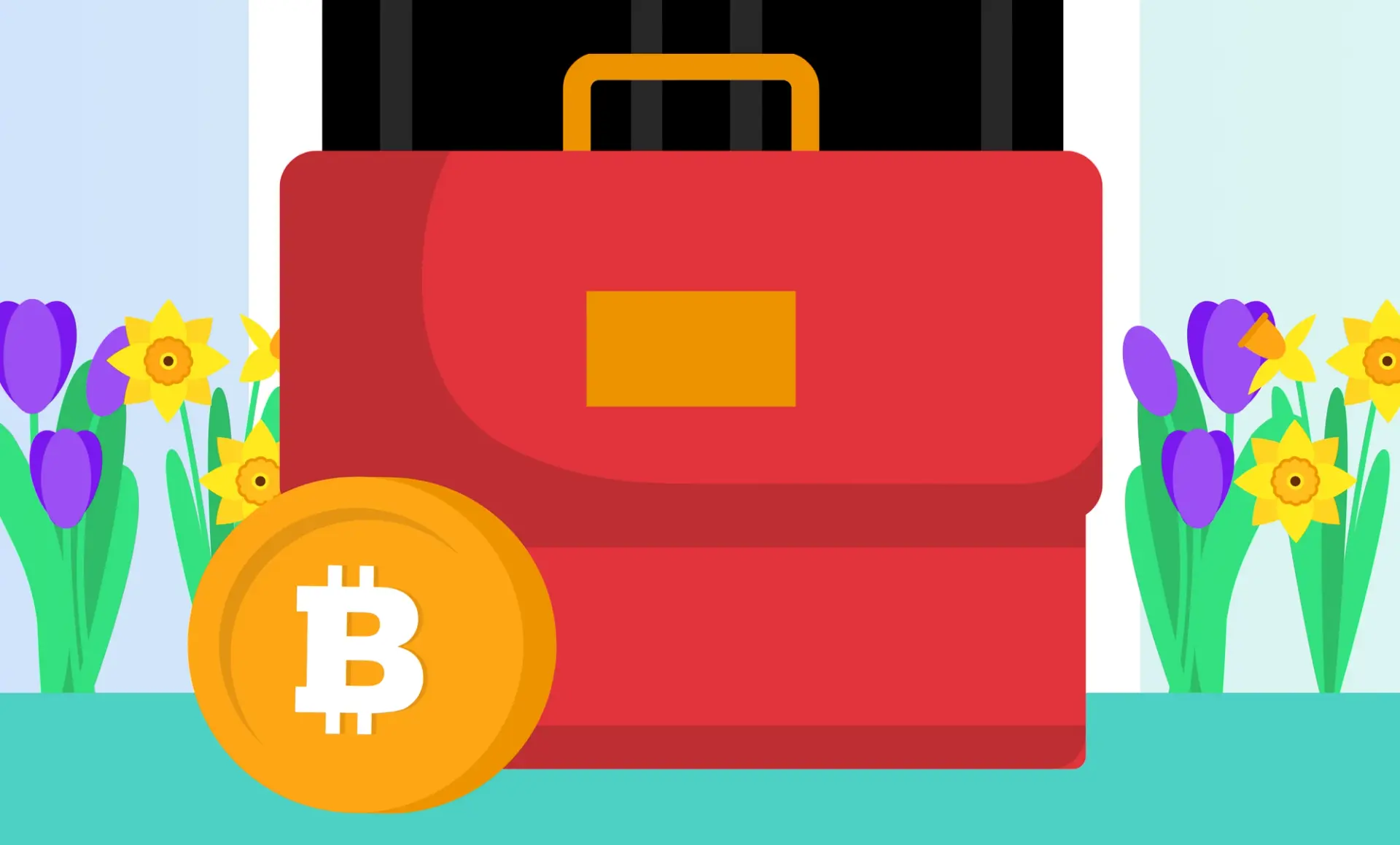 Illustration of a Bitcoin and the UK chancellor's red briefcase, in front of a black door surrounded by spring flowers