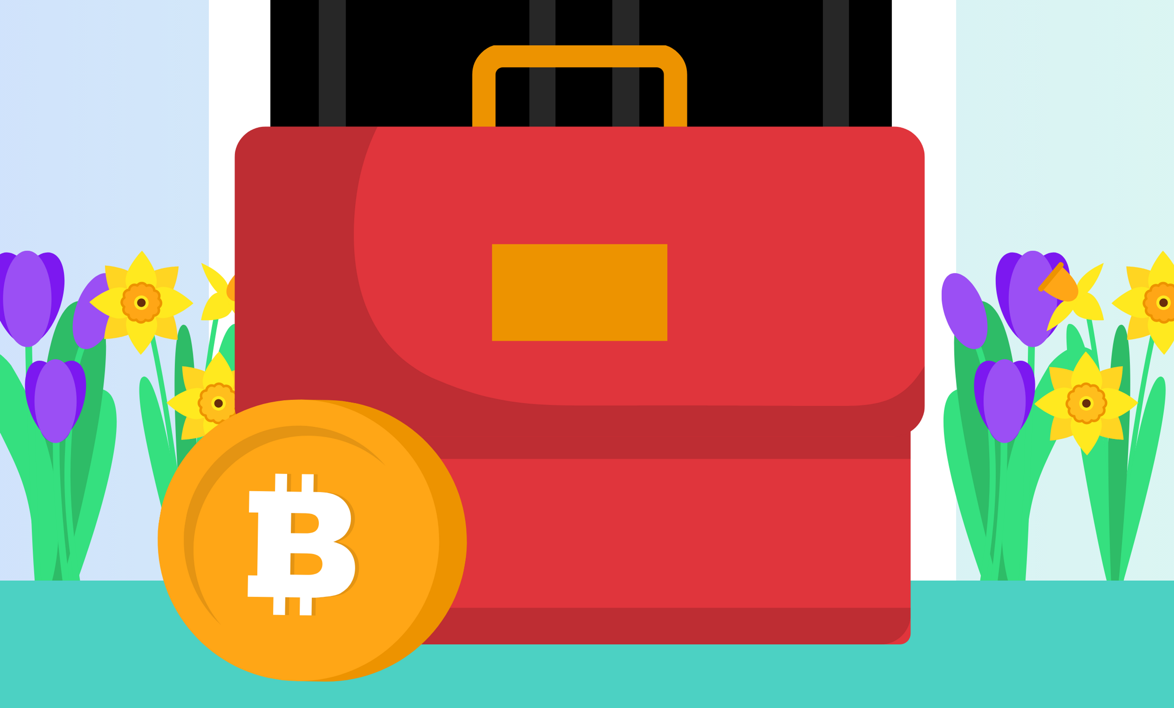 Illustration of a Bitcoin and the UK chancellor's red briefcase, in front of a black door surrounded by spring flowers