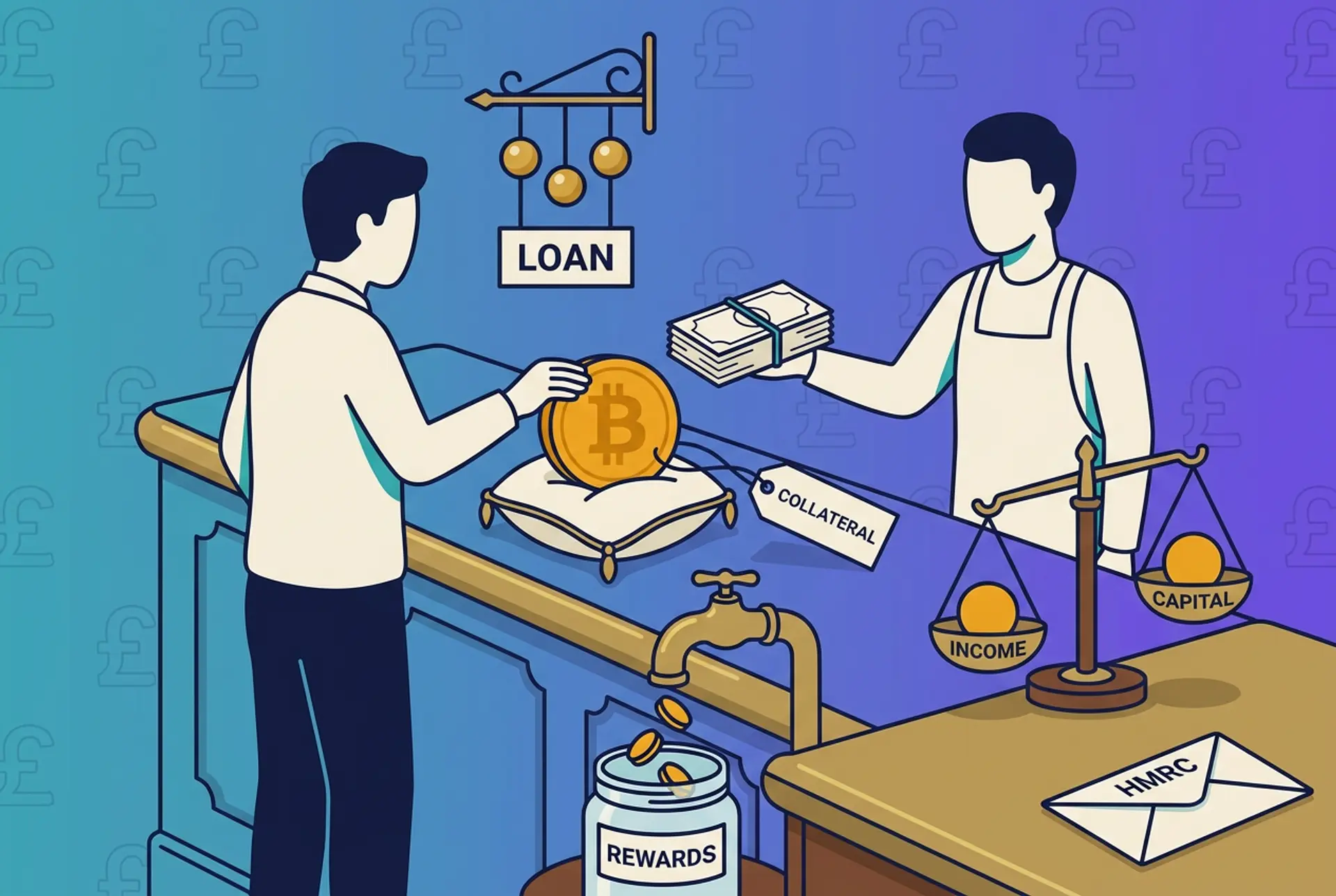 Narrative flat-vector illustration for a UK crypto loans and DeFi lending tax article: an investor pledges an oversized Bitcoin as collateral at a pawnbroker-style counter under a three-golden-balls LOAN sign, receiving a plain banknote bundle back, with a REWARDS jar catching coins from a drip tap, a balance scale weighing INCOME against CAPITAL to show how lending rewards are classified, and a plain text-only HMRC envelope, on Recap house teal-to-violet gradient with a faint pound-sterling glyph pattern.