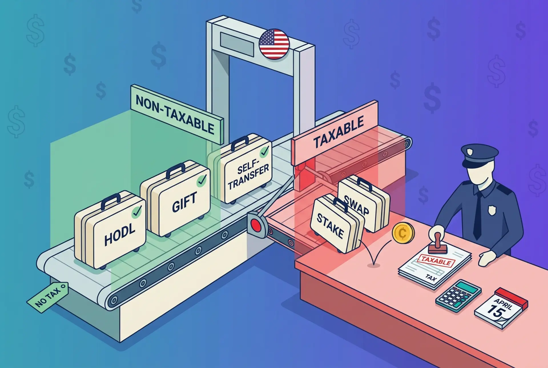 Narrative flat-vector illustration for a US non-taxable crypto transactions article: an airport security checkpoint sorts crypto activities into a green NON-TAXABLE lane where suitcases labelled HODL, GIFT and SELF-TRANSFER roll through untouched, and a red TAXABLE lane where a diverter arm pulls SWAP and STAKE suitcases toward an officer stamping a TAXABLE form beside a calculator and an APRIL 15 calendar tab, on Recap's teal-to-violet house gradient with a faint $ glyph pattern, a small US flag roundel on the checkpoint arch, and no IRS seal or official emblem shown.