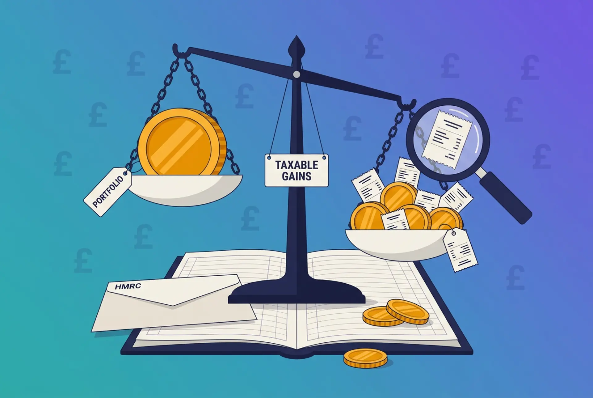 Editorial still-life flat-vector illustration for a UK crypto net-profit-vs-taxable-gain article: a two-pan balance scale on an open ledger tips down under a cluster of small receipt-tagged gold coins labelled TAXABLE GAINS, outweighing a single large PORTFOLIO coin on the other pan, with a magnifying glass over the receipts and a plain HMRC-labelled envelope on the ledger with no crest, on Recap's teal-to-violet house gradient with a faint £ glyph pattern.