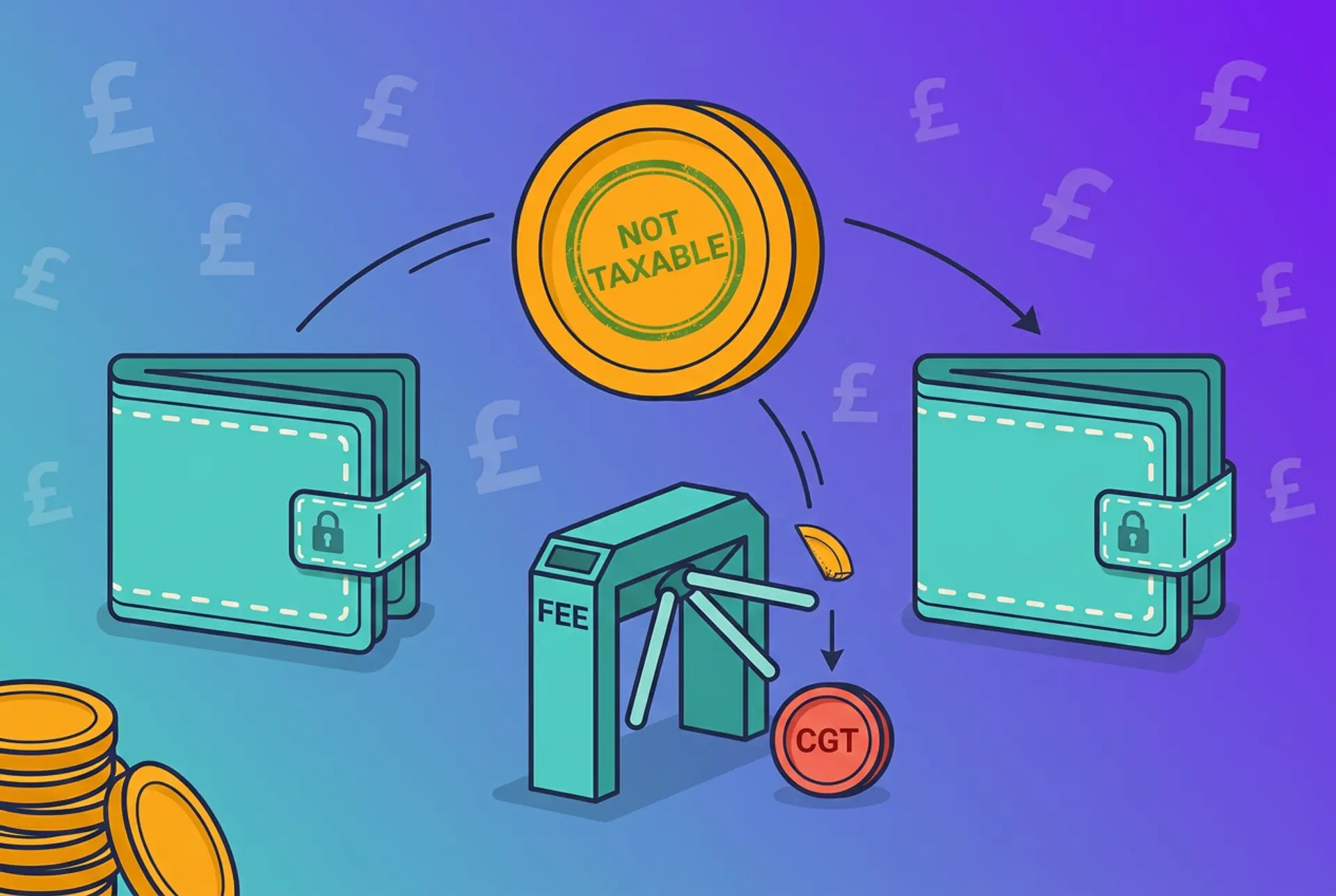 Single-metaphor icon illustration for a UK crypto transfer tax explainer: a gold coin arcs between two identical padlocked teal wallets belonging to the same owner, stamped NOT TAXABLE, while a small turnstile labelled FEE splits off a sliver into a red CGT coin to show that only a crypto-paid transfer fee is taxable, on Recap's house teal-to-violet gradient with a faint pound-sterling glyph pattern.