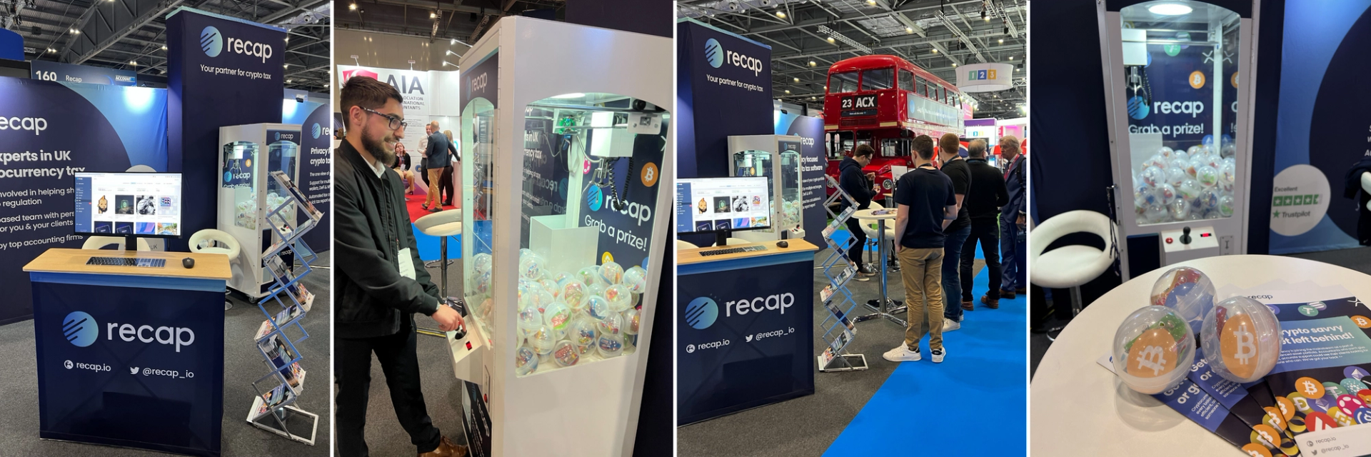 Recap's exhibition stand, demo platform and brochure stand, male playing on a prize grabber machine and a close up of brochures and prize capsules containing Bitcoin.