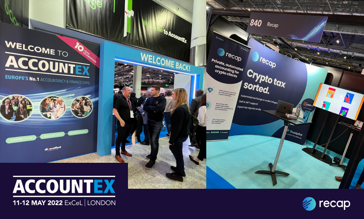 Photograph of the entrance to Accountex London 2022 alongside a photo of Recap's exhibition stand.