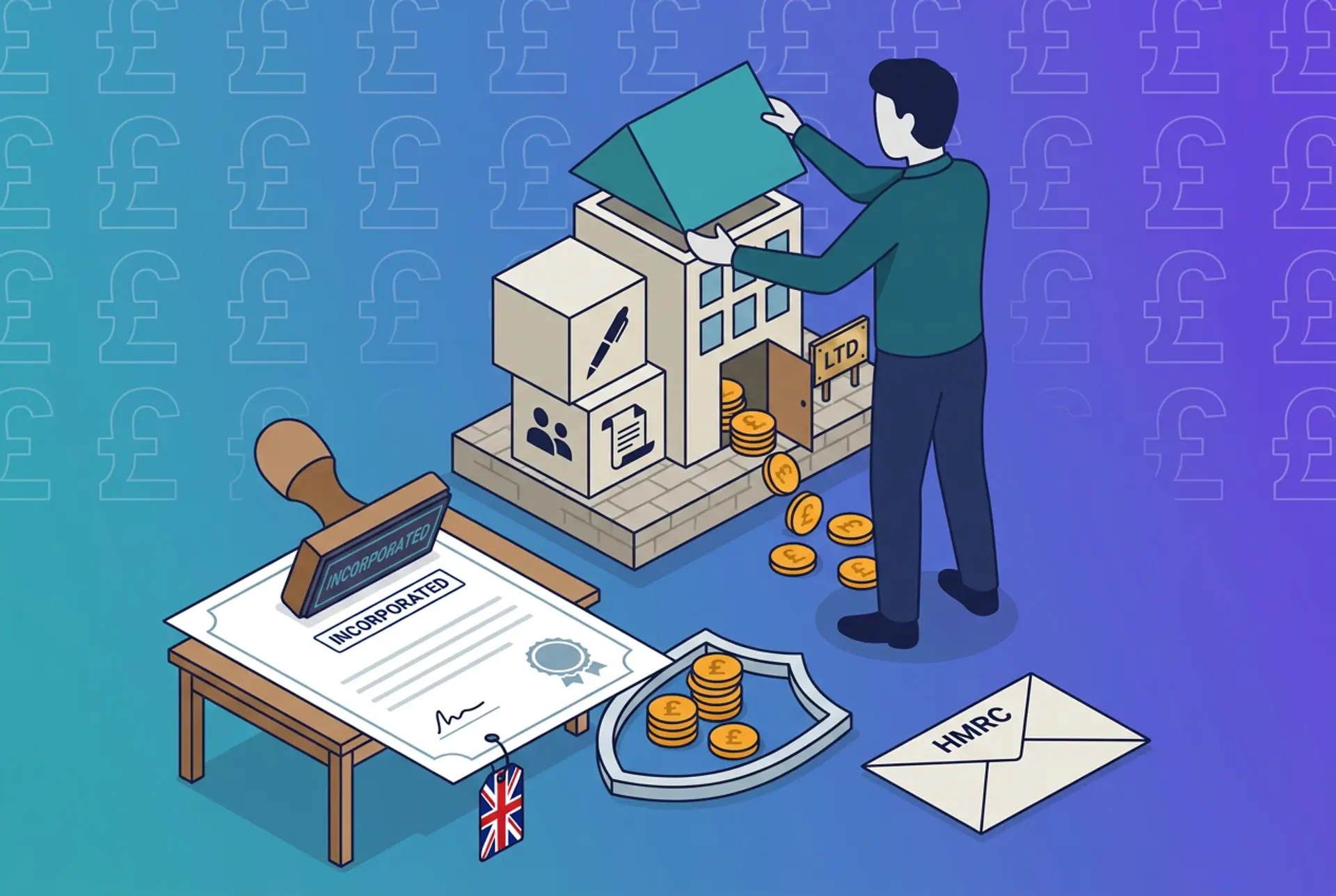 Narrative flat-vector illustration for a UK crypto Limited Company setup guide: a founder assembles a small office building from labelled building blocks (company name, directors, articles of association) with gold coins flowing through its door under an LTD plaque, while an oversized rubber stamp presses INCORPORATED onto a Companies House certificate with a Union Jack tag, a shield wraps a separate pile of personal coins to show liability protection, and a plain text-only HMRC envelope sits alongside, on Recap house teal-to-violet gradient with a faint pound-sterling glyph pattern.