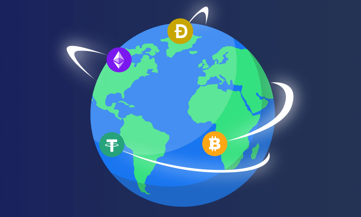 Illustration of the world with crypto coins, Bitcoin, Dodge and Ethereum flying around it.