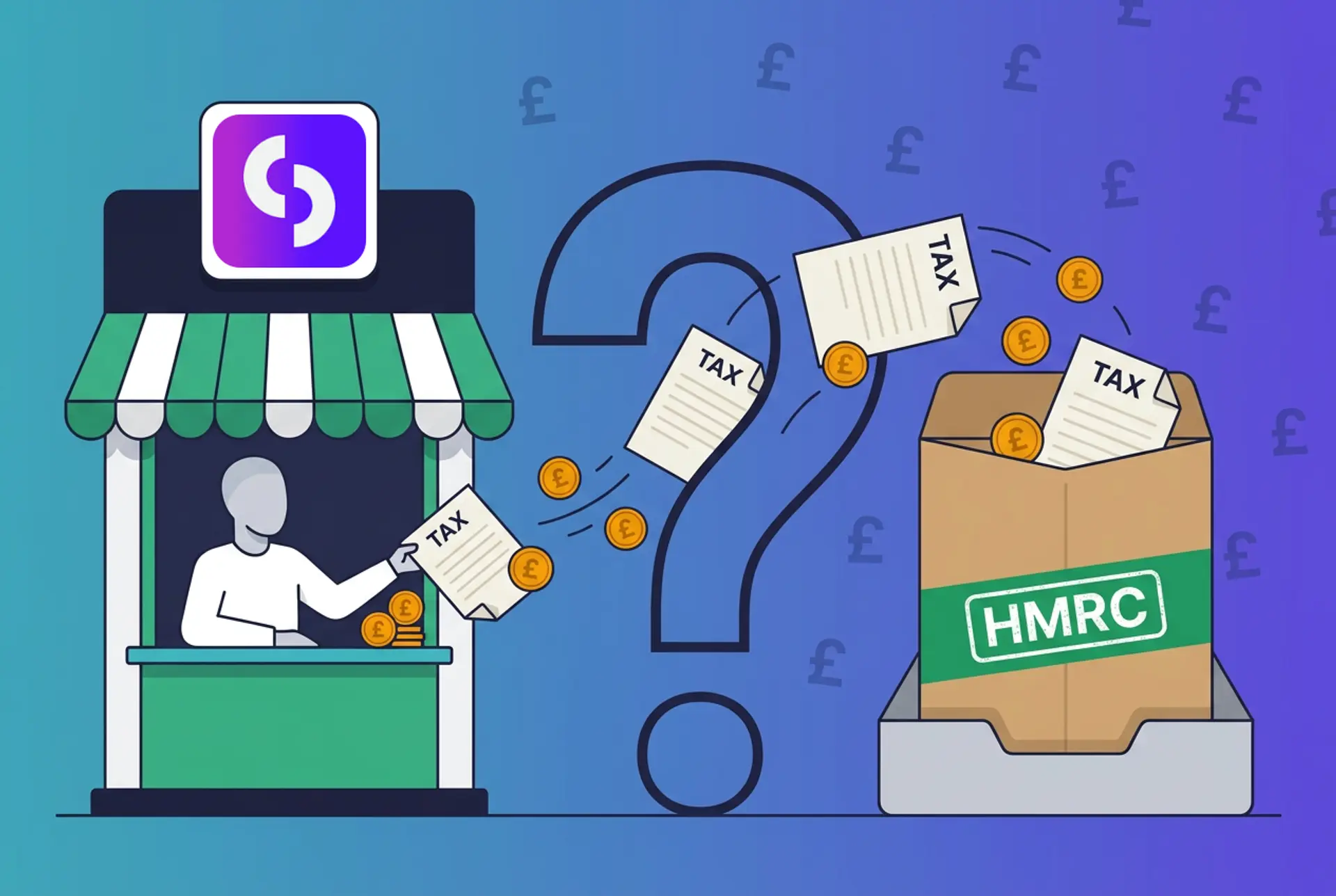 Narrative flat-vector illustration for the UK 'Does X report to HMRC?' series: a Coinpass exchange kiosk with the real Coinpass mark centred in a flat white sign tile hands documents and gold £ coins through a large outlined question-mark gate into an oversized kraft HMRC envelope on an in-tray, on Recap's house teal-to-violet gradient with a faint pound-sterling glyph pattern.