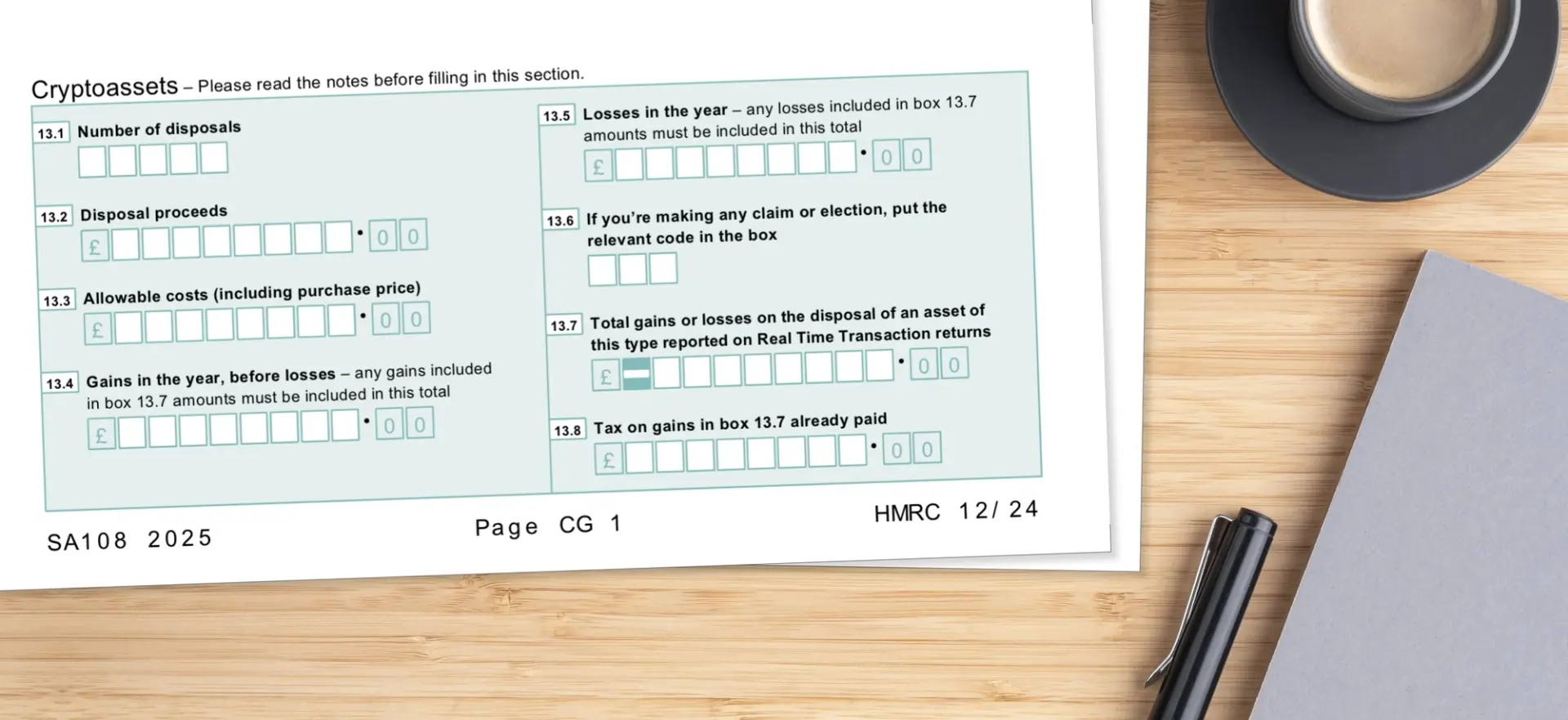 Flat lay image of the updated HMRC Self Assessment tax return form with a pen and notebook, illustrating crypto investors preparing to file their tax return.