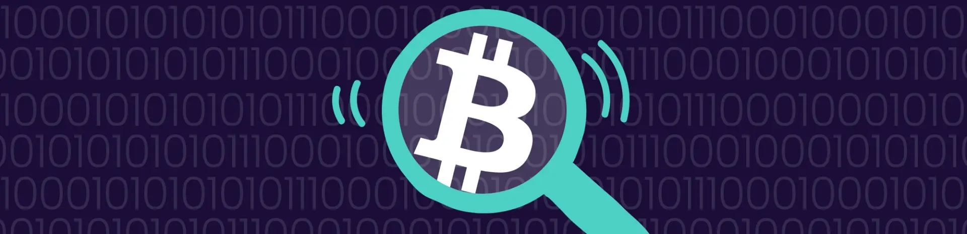 Illustration of a magnifying glass with the Bitcoin logo in focus on a background of encrypted data.