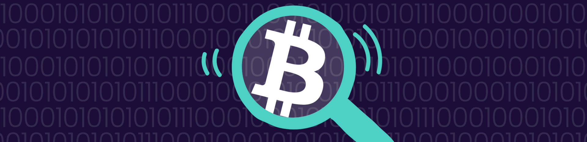 Illustration of a magnifying glass with the Bitcoin logo in focus on a background of encrypted data.