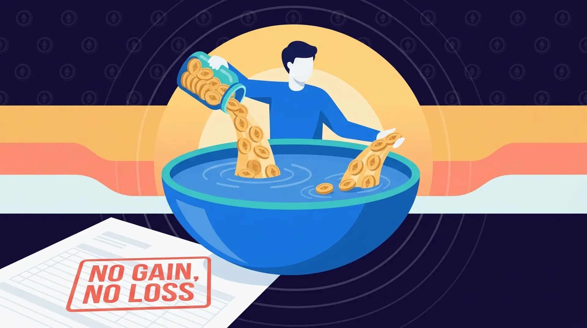 Flat-vector illustration: a person pours gold crypto coins from a jar into a large blue liquidity pool bowl while identical coins flow back out into their other hand. In the foreground a blank tax form carries a red stamp reading NO GAIN, NO LOSS.