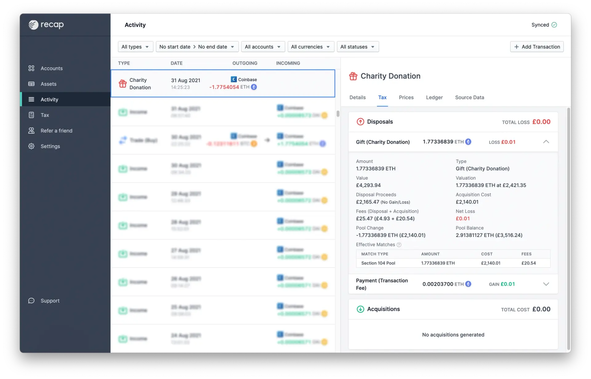Recap crypto tax software screenshot showing the tax impact of a crypto charity donation