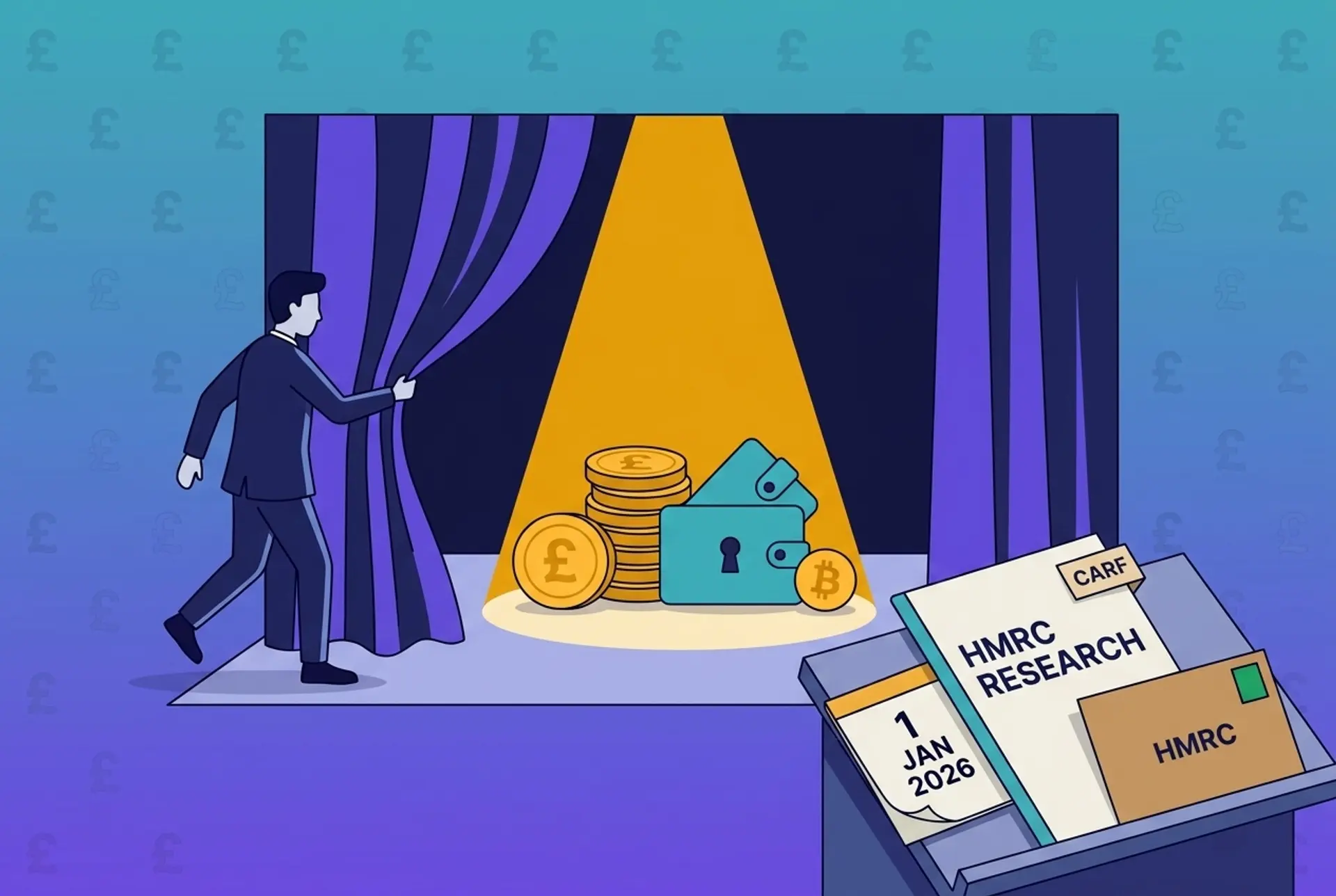 Narrative flat-vector illustration for a UK tax-partner article on HMRC's new crypto research: a business figure pulls back a stage curtain to reveal a spotlit cluster of gold pound-sterling coins, a teal crypto wallet and a Bitcoin token, beside an HMRC research report tagged CARF, a calendar reading 1 Jan 2026, and a plain text-only HMRC envelope, on Recap's house teal-to-violet gradient with a faint pound-sterling glyph pattern.