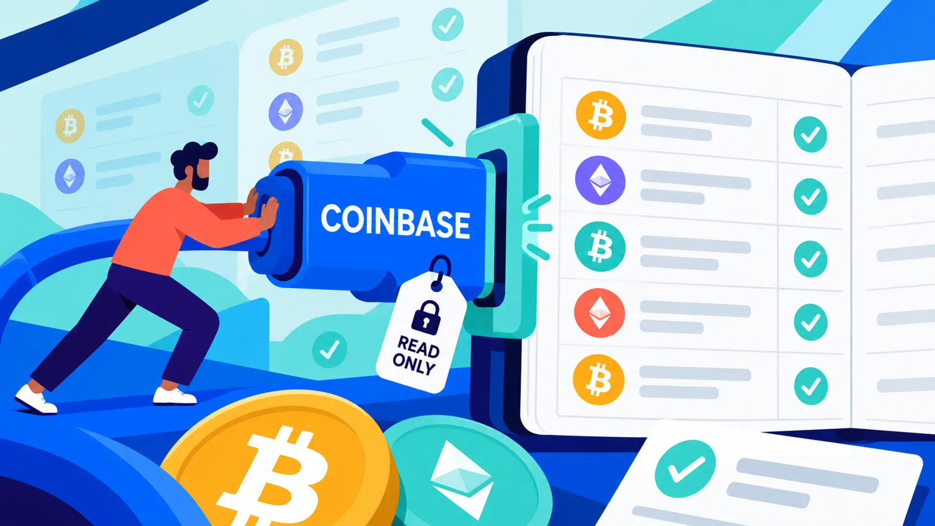 Illustration of a Coinbase connector securely syncing crypto transactions into a Recap ledger with read-only access.
