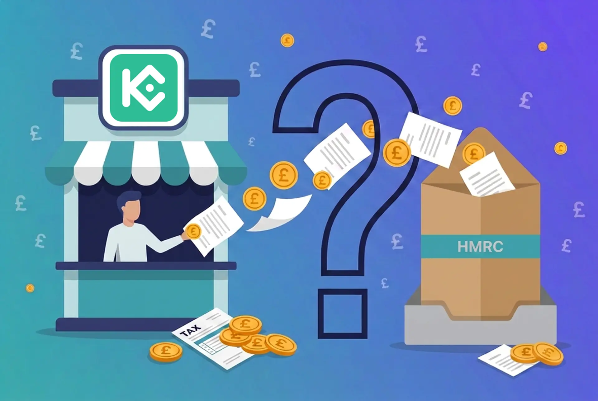 Narrative flat-vector illustration for the UK 'Does X report to HMRC?' series: a KuCoin exchange kiosk with the real KuCoin mark composited cleanly on its front sign hands documents and gold £ coins through a large outlined question-mark gate into a kraft-brown HMRC envelope on an in-tray, on Recap's house teal-to-violet gradient with a faint pound-sterling glyph pattern.