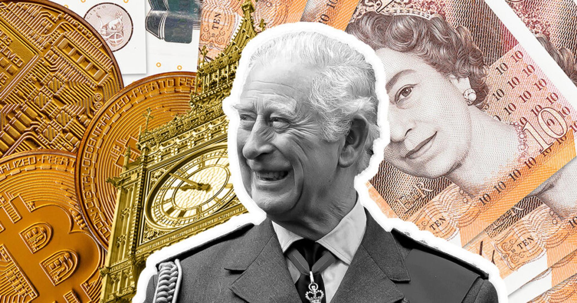 King Charles in the foreground on a collage background with images of Bitcoin, £10 notes and Big Ben