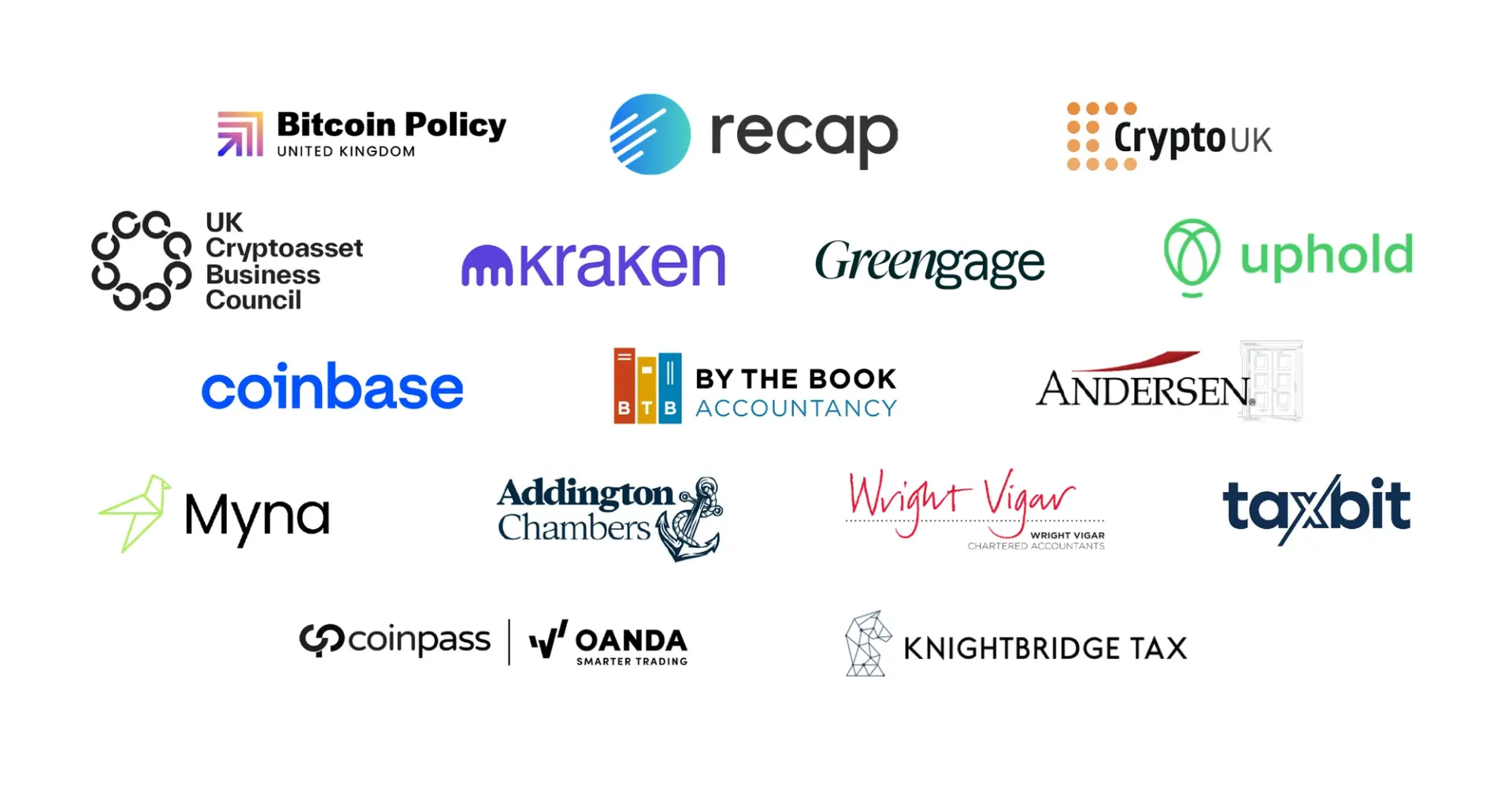 Logos of UK crypto industry signatories including Bitcoin Policy, Recap, CryptoUK, Kraken, Coinbase, and others